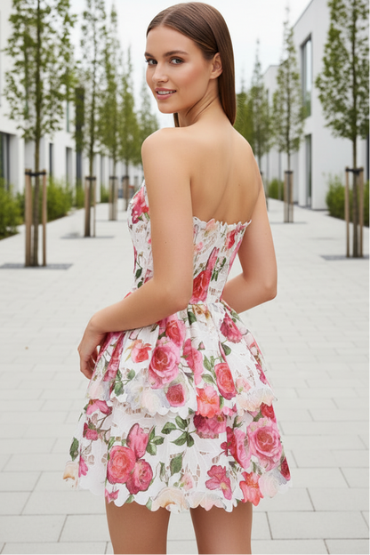 Strapless Tiered Floral Lace Mini Dress
