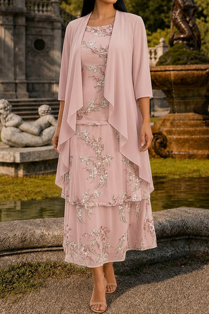 Embroidered Floral Mesh Dress & Draped Jacket Set