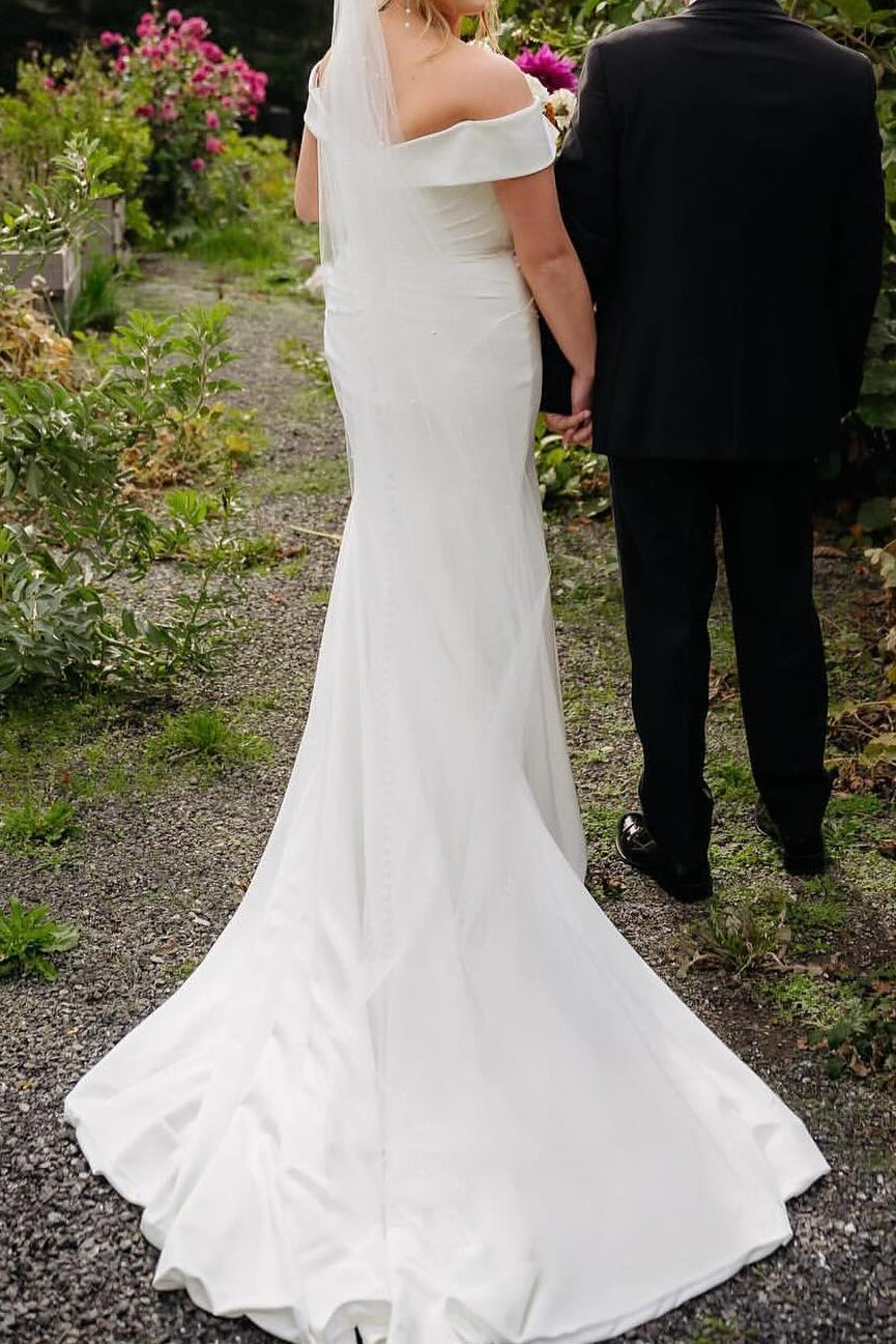 Off-the-Shoulder Fit and Flare Crepe Wedding Dress