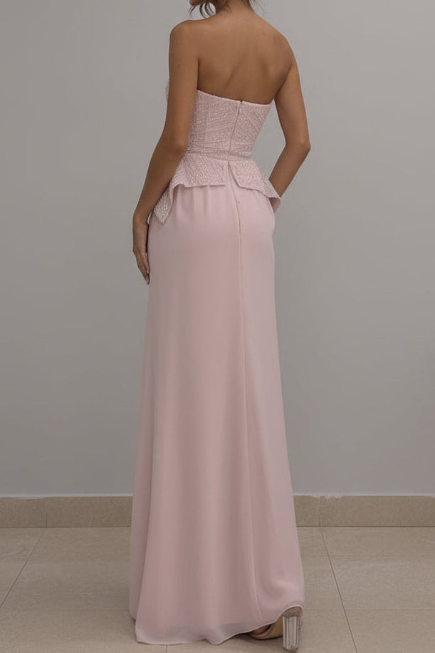 Strapless Beaded Peplum Evening Dress with High Slit