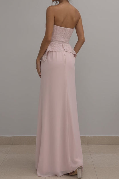 Strapless Beaded Peplum Evening Dress with High Slit