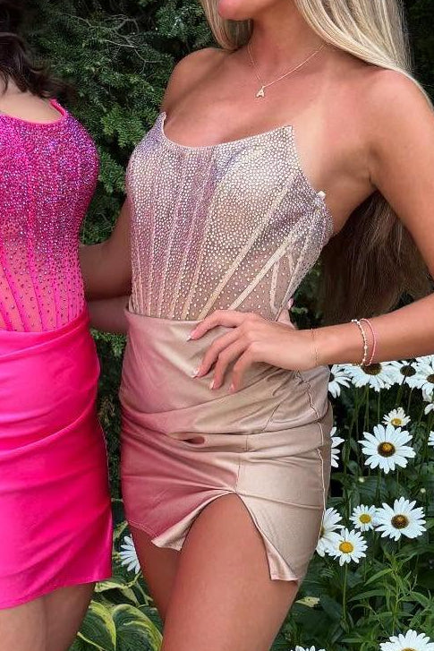 Strapless Beaded Corset Satin Mini Dress