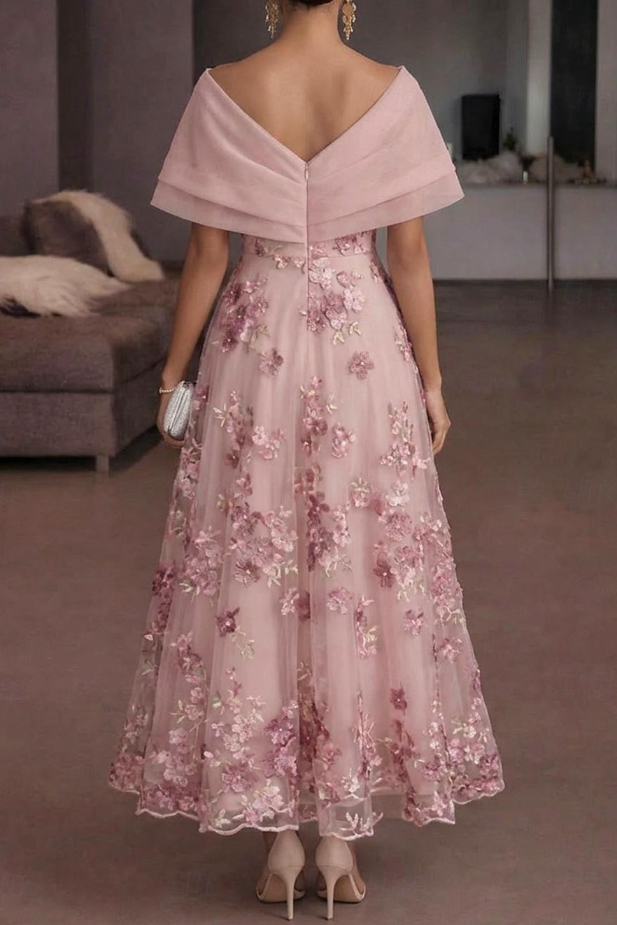 Off-Shoulder 3D Floral Tea-Length Evening Dress
