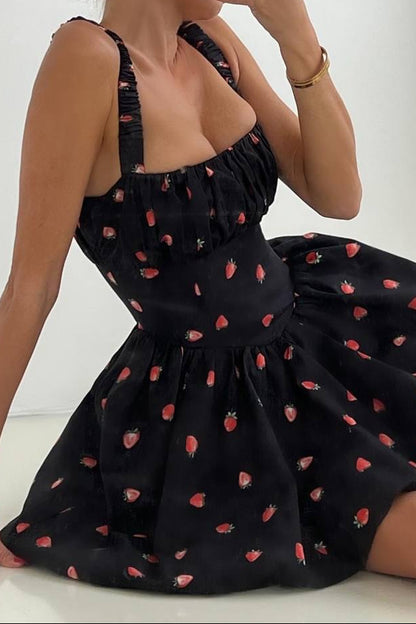 Strawberry Print Bubble Skirt Mini Dress, Square Neck