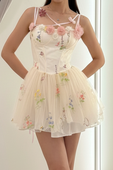 Floral Applique Corset Tulle Mini Dress