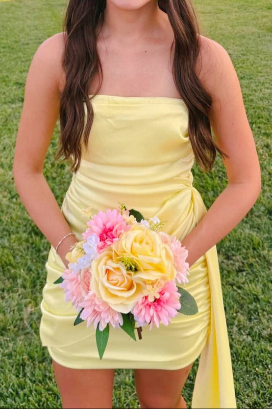 Strapless Ruched Satin Mini Dress with Side Drape