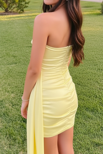 Strapless Ruched Satin Mini Dress with Side Drape