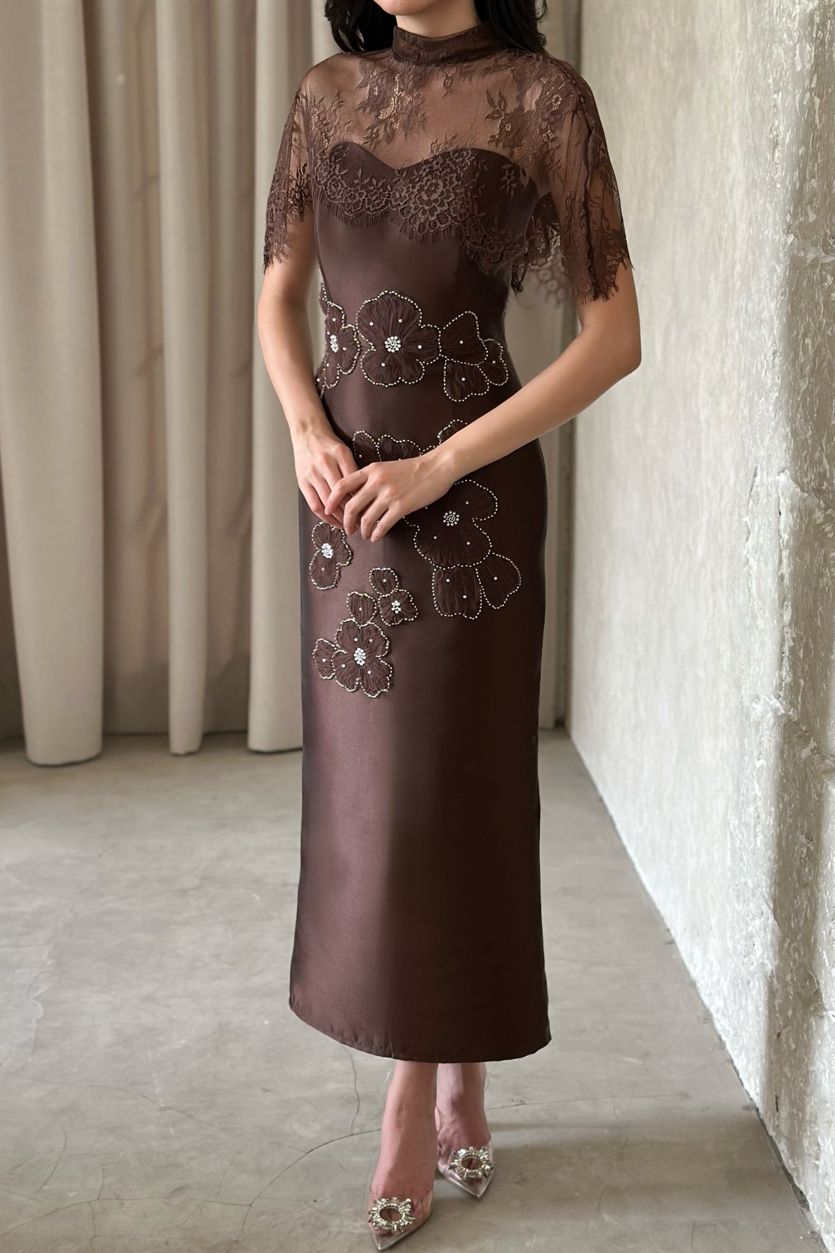 Lace Capelet Column Dress with Floral Appliques