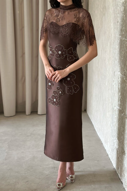 Lace Capelet Column Dress with Floral Appliques