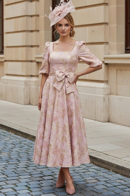 Elegant Square Neck Jacquard Midi Dress