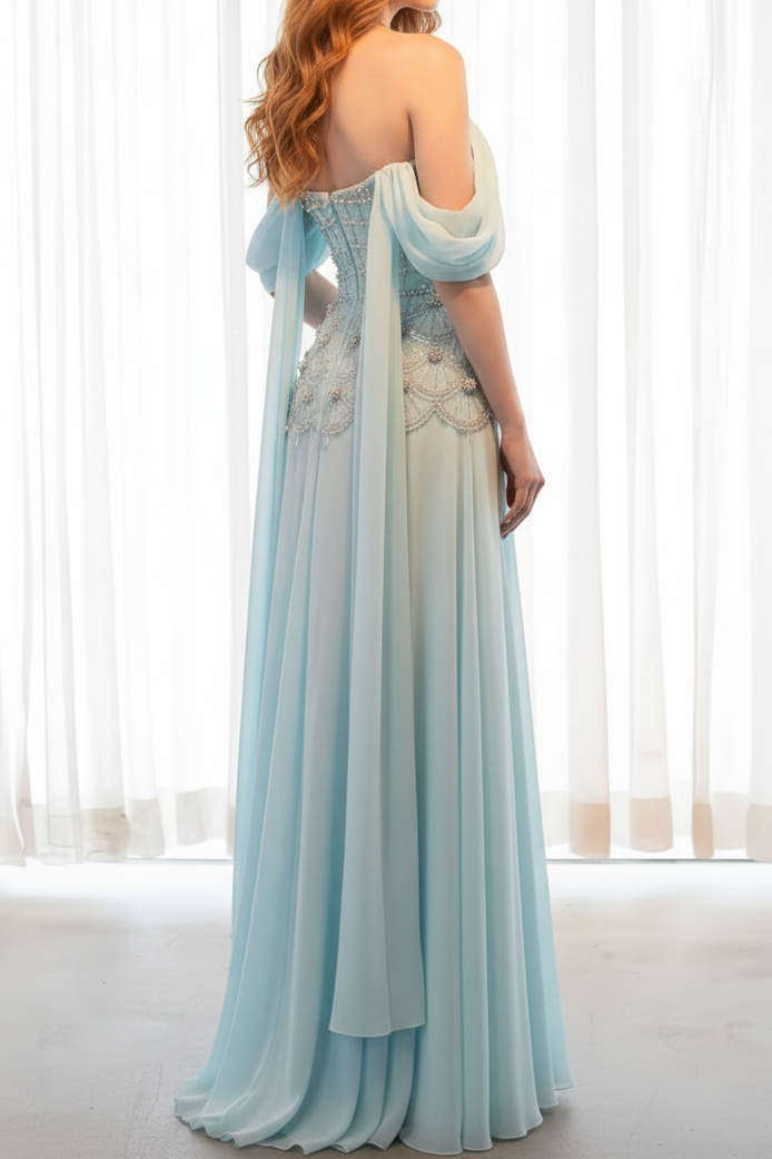 Pearl Beaded Corset Chiffon A-Line Prom Dress