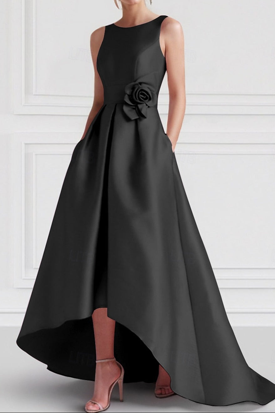High-Low Satin Gown with Pockets and Waist Flower Detail