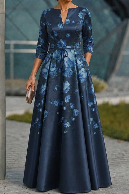 Floral Satin A-Line Gown with 3/4 Sleeves