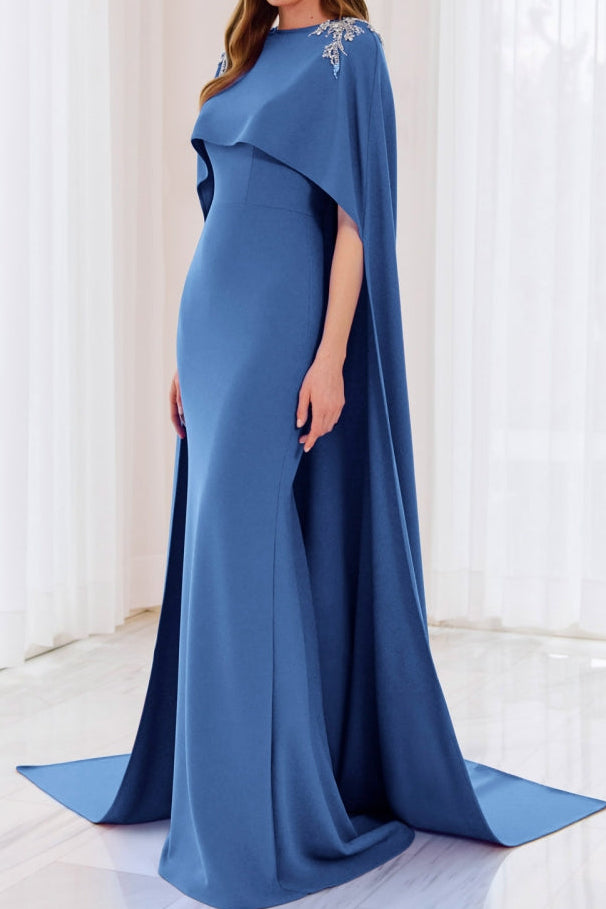Cape Evening Gown with Beaded Shoulder Details