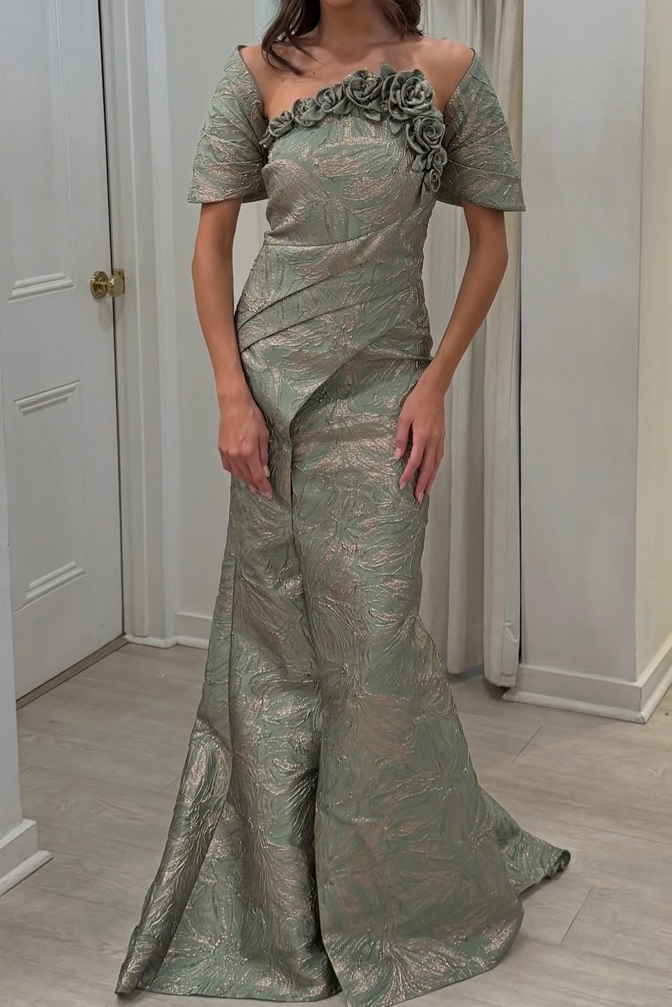 3D Floral Jacquard Asymmetrical Evening Gown