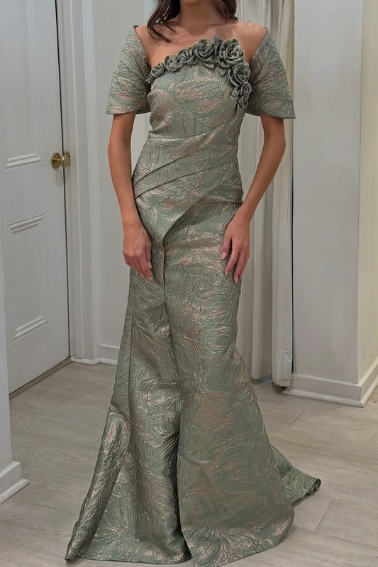 3D Floral Jacquard Asymmetrical Evening Gown