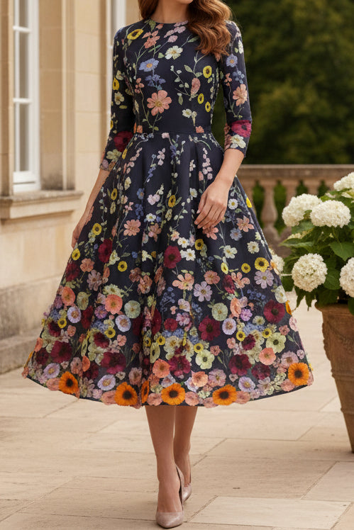 Floral Embroidered A-Line Midi Dress with 3/4 Sleeves