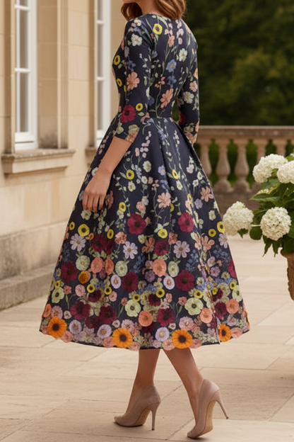 Floral Embroidered A-Line Midi Dress with 3/4 Sleeves