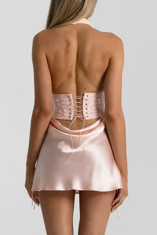 Halter Corset Mini Dress with Pearl Waist Cutout