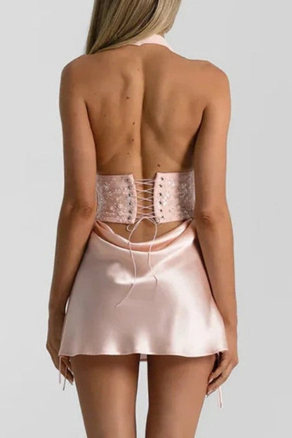 Halter Corset Mini Dress with Pearl Waist Cutout