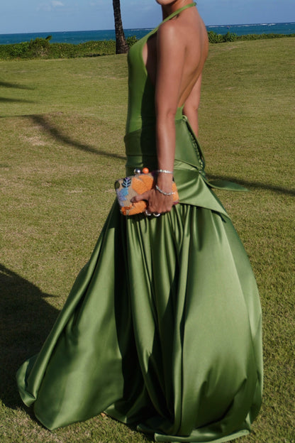 Halter Neck Backless Satin Maxi Gown with Draped Waist