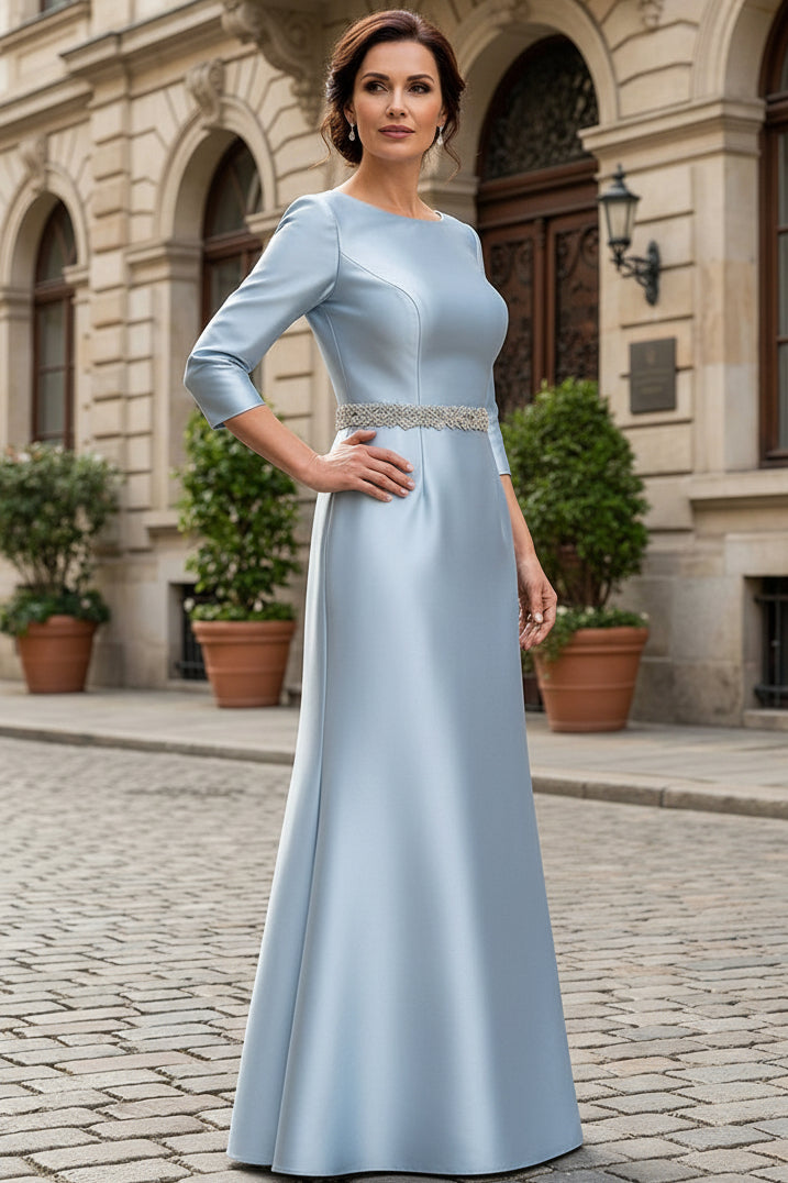 Bateau Neck 3/4 Sleeve Trumpet Gown with Beaded Belt
