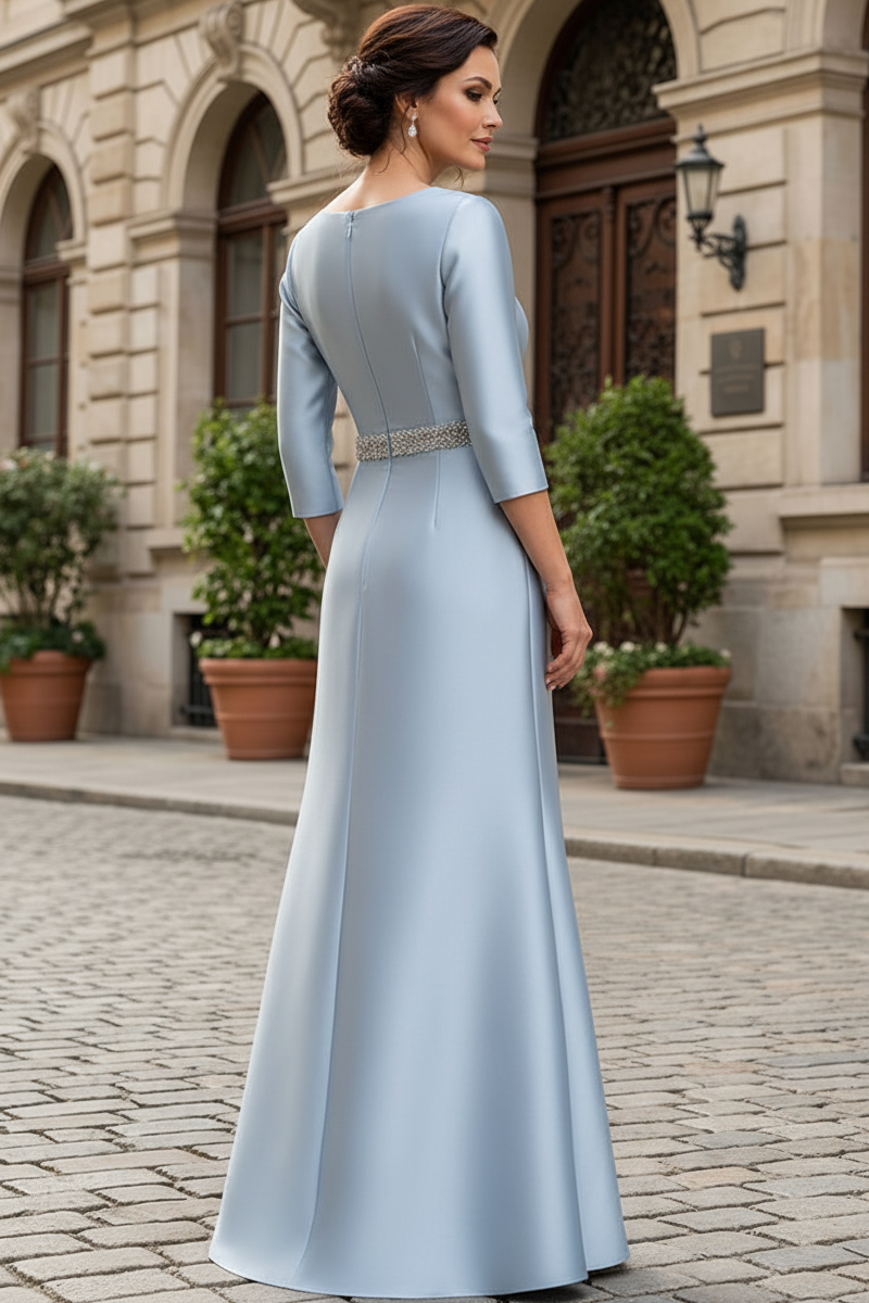 Bateau Neck 3/4 Sleeve Trumpet Gown with Beaded Belt