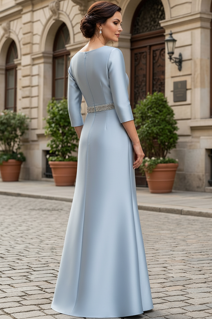 Bateau Neck 3/4 Sleeve Trumpet Gown with Beaded Belt
