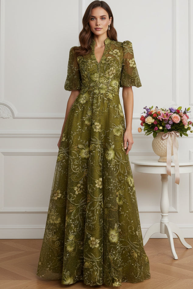Embroidered High-Neck Puff Sleeve Evening Gown