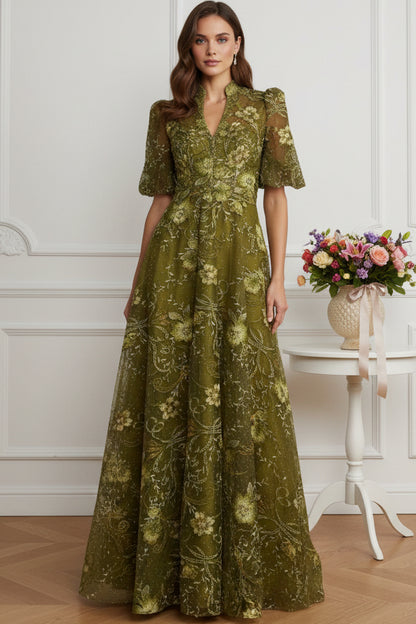 Embroidered High-Neck Puff Sleeve Evening Gown