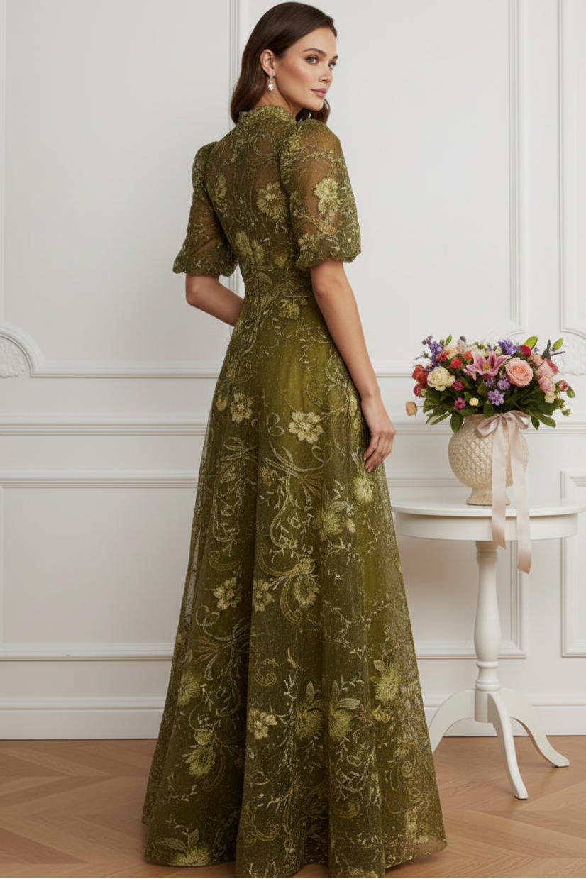 Embroidered High-Neck Puff Sleeve Evening Gown