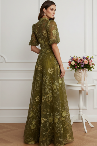 Embroidered High-Neck Puff Sleeve Evening Gown