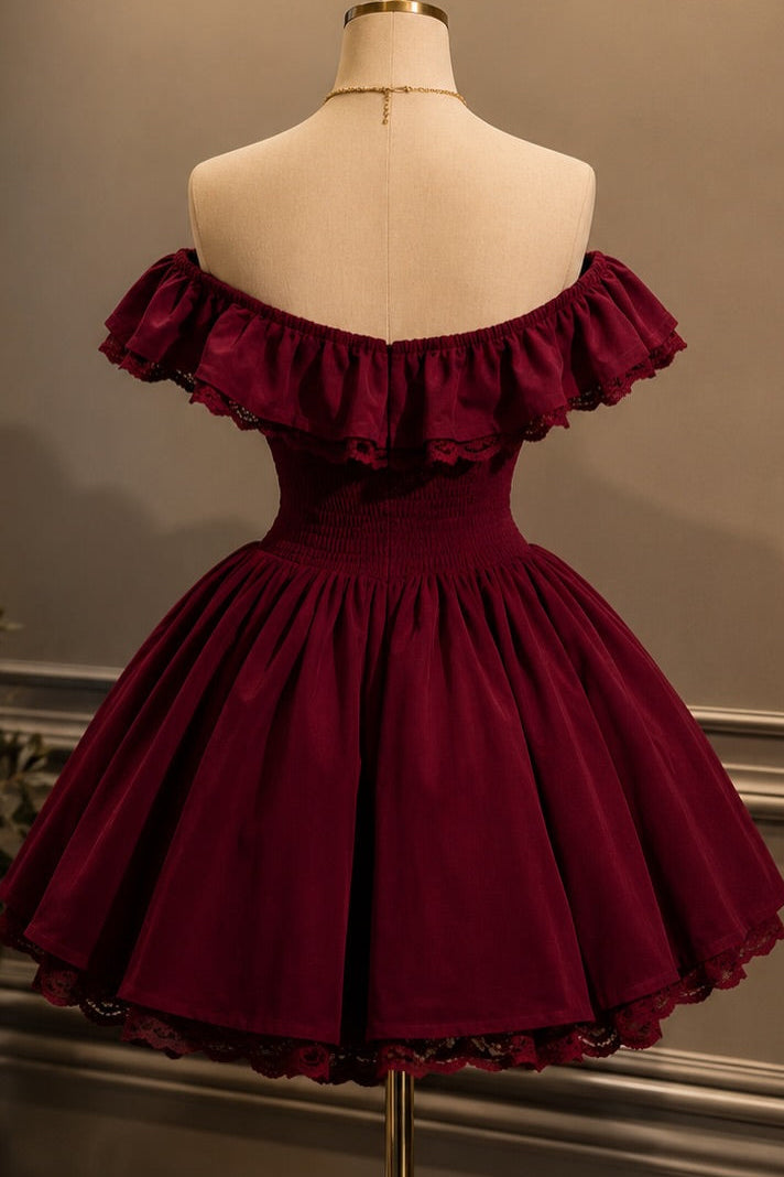 Off-Shoulder Velvet Corset Mini Dress with Lace Trim