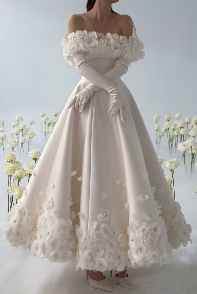 Off-Shoulder 3D Floral Ankle-Length Wedding Dress
