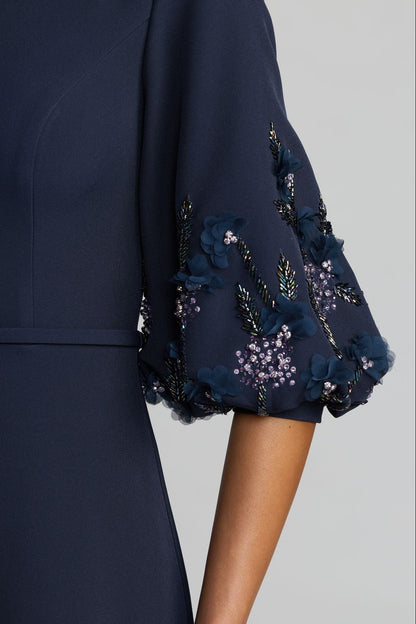 A-Line Crepe Gown with Embellished Elbow Sleeves
