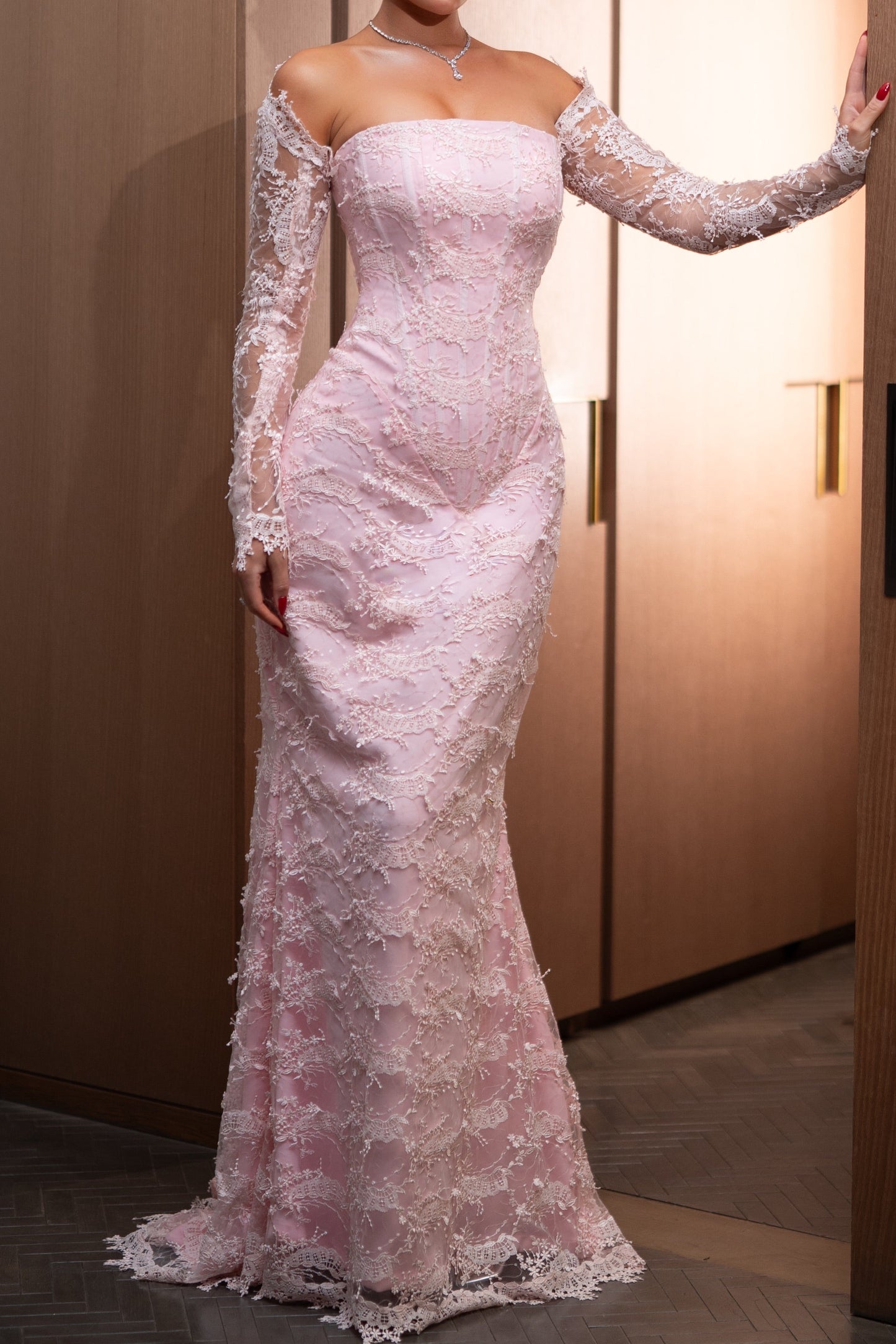 Off-the-Shoulder Lace Long Sleeve Evening Gown