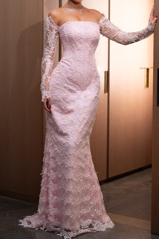 Off-the-Shoulder Lace Long Sleeve Evening Gown