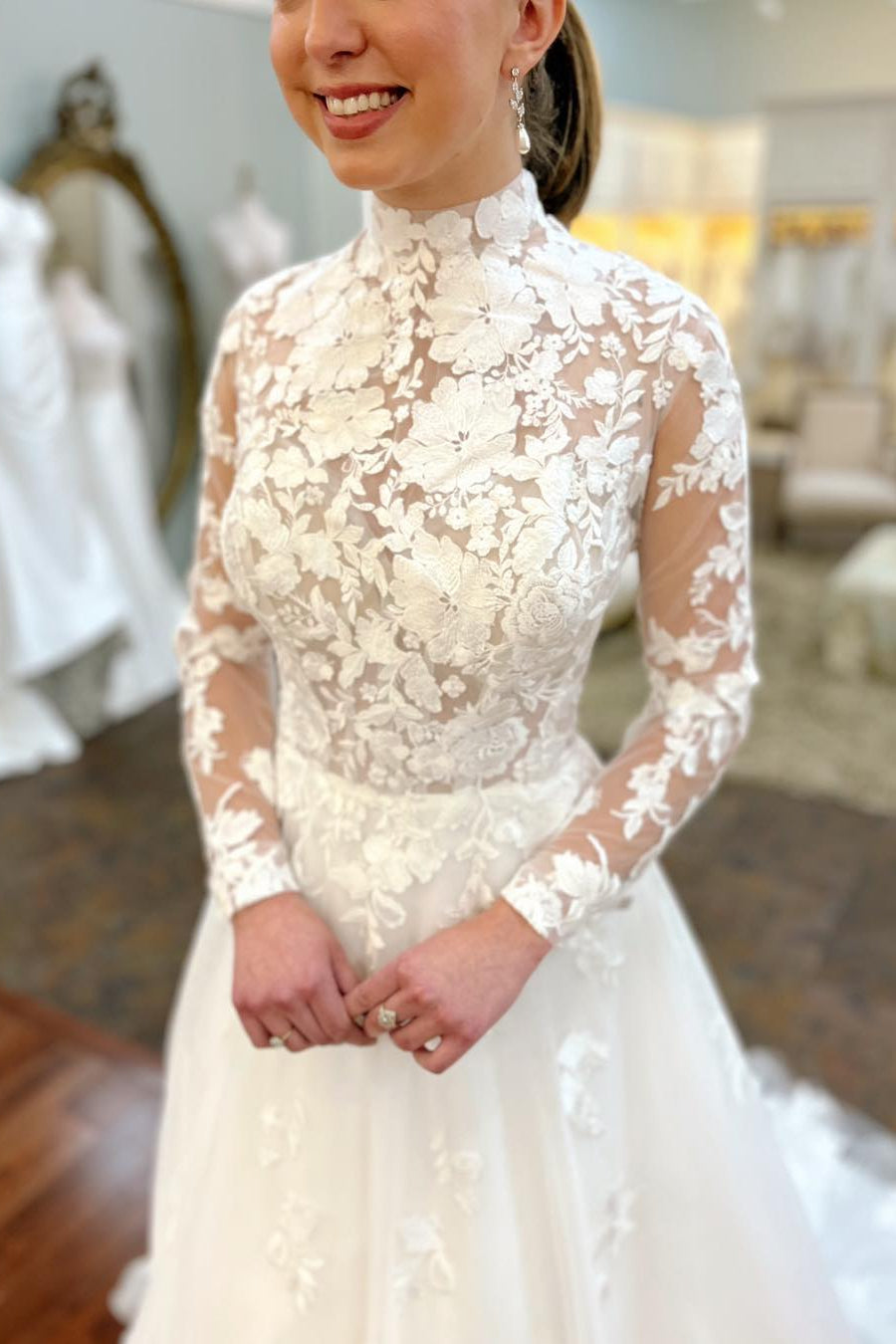 High Neck Lace A-Line Wedding Dress with Sleeves