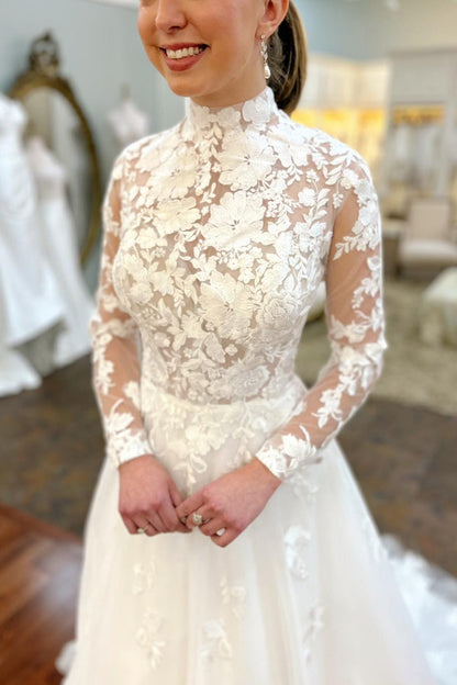 High Neck Lace A-Line Wedding Dress with Sleeves