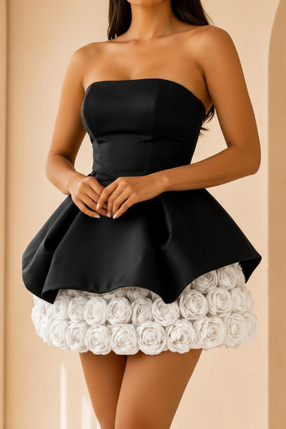 Strapless Tiered Mini Dress with 3D Rosette Skirt