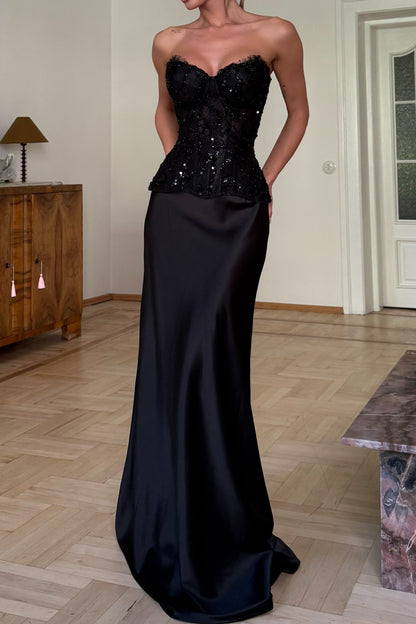Strapless Sequin Lace Corset Satin Evening Gown