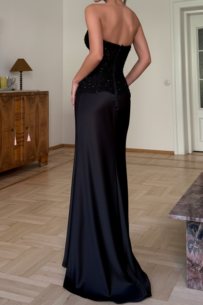 Strapless Sequin Lace Corset Satin Evening Gown