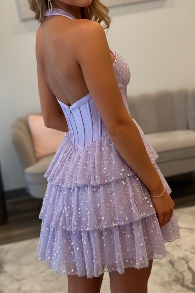 Halter Corset Tiered Pearl Mini Dress