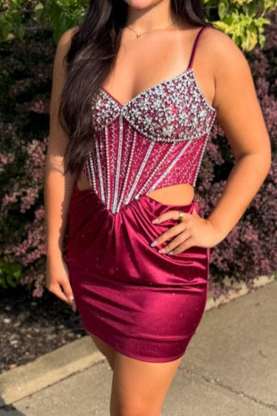 Lace-Up Beaded Corset Satin Homecoming Dress