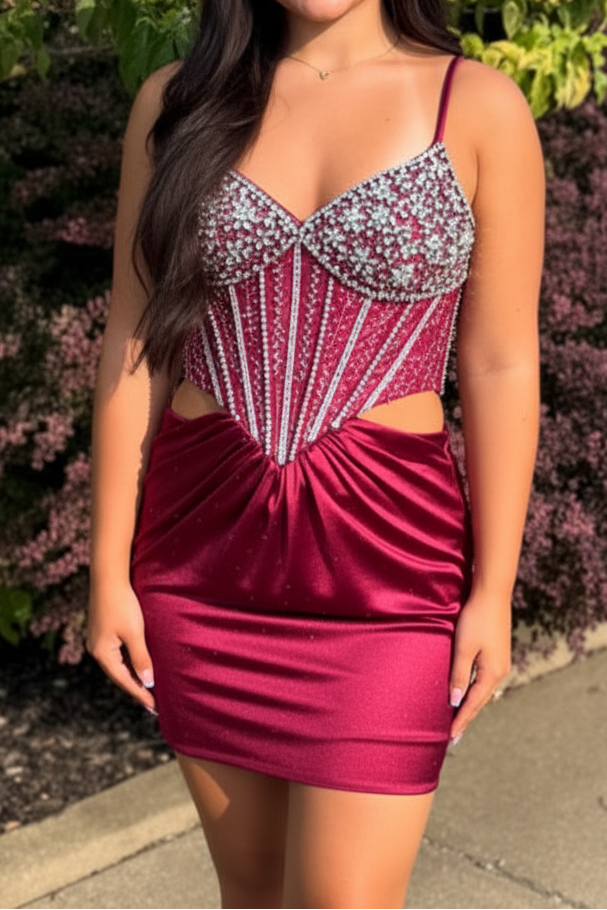 Lace-Up Beaded Corset Satin Homecoming Dress
