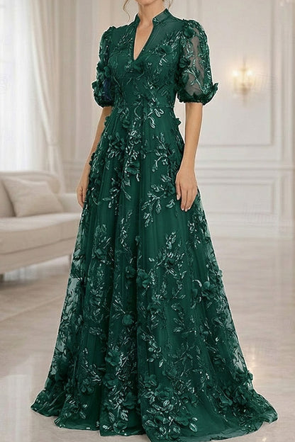 3D Floral Applique A-Line Gown with Puff Sleeves