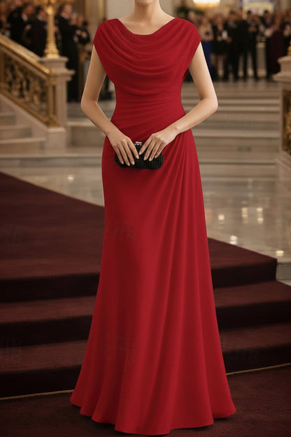 Cowl Neck Pleated Sheath Evening Gown