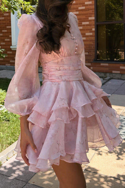 Floral Chiffon Long Sleeve Tiered Mini Dress