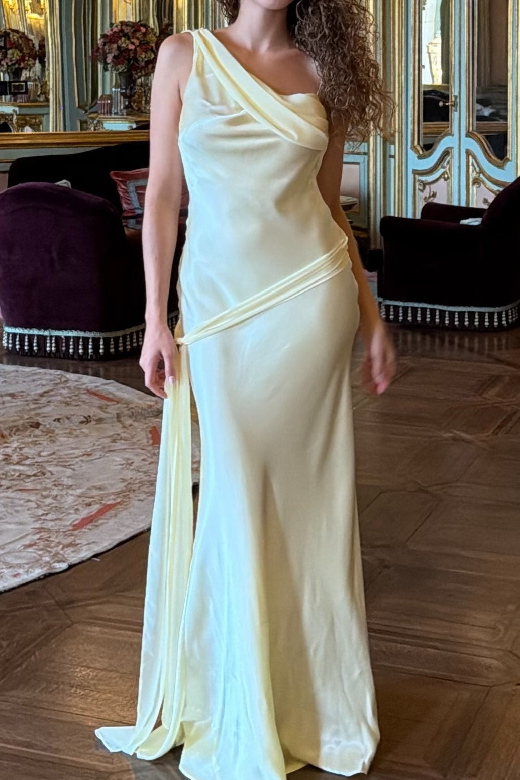 One-Shoulder Satin Gown with Draped Sash