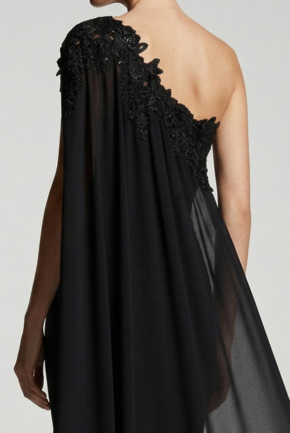 One-Shoulder Lace Bodice Gown with Cape